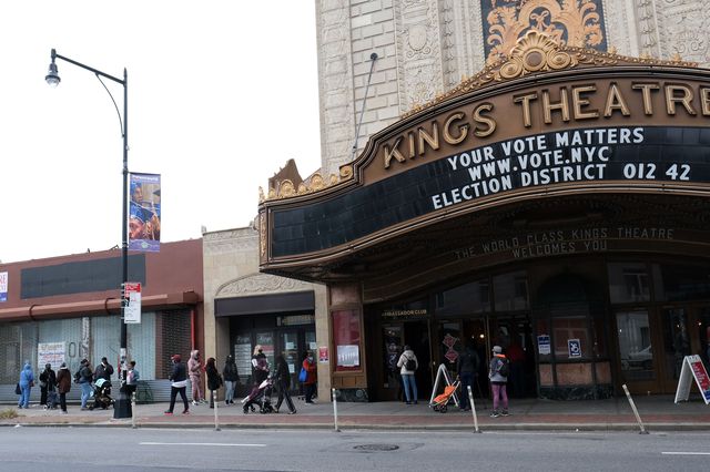 People line up for early voting in 2020 at the Kings Theatre in the Flatbush neighborhood of Brooklyn.